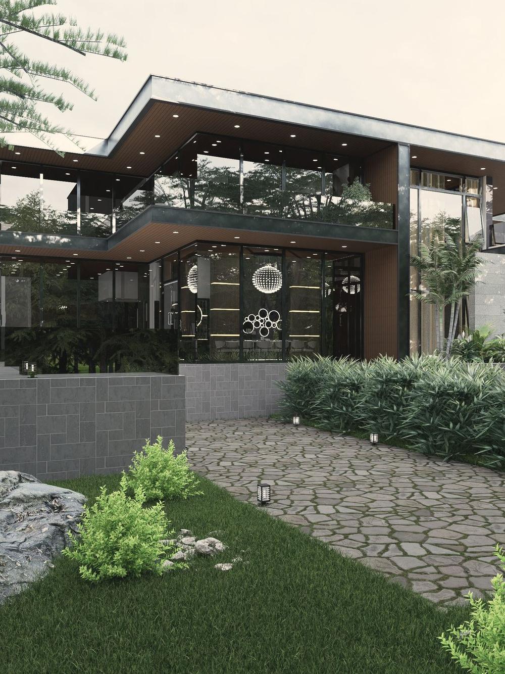 Fachada residencial contemporânea em vidro e madeira, vista do jardim ao entardecer